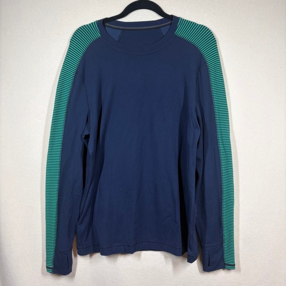 Lululemon Mens Large Velocity Long Sleeve Inkwell Shirt Navy Blue Green Run Hike